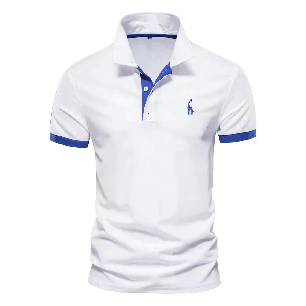 Wit heren polo T-shirt met korte mouwen en blauwe accenten bij de kraag