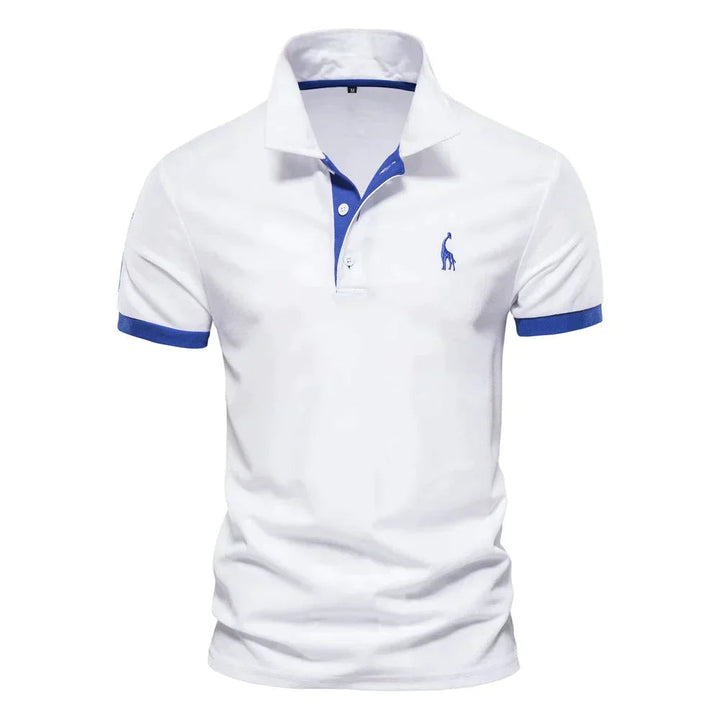 Wit heren polo T-shirt met korte mouwen en blauwe accenten bij de kraag