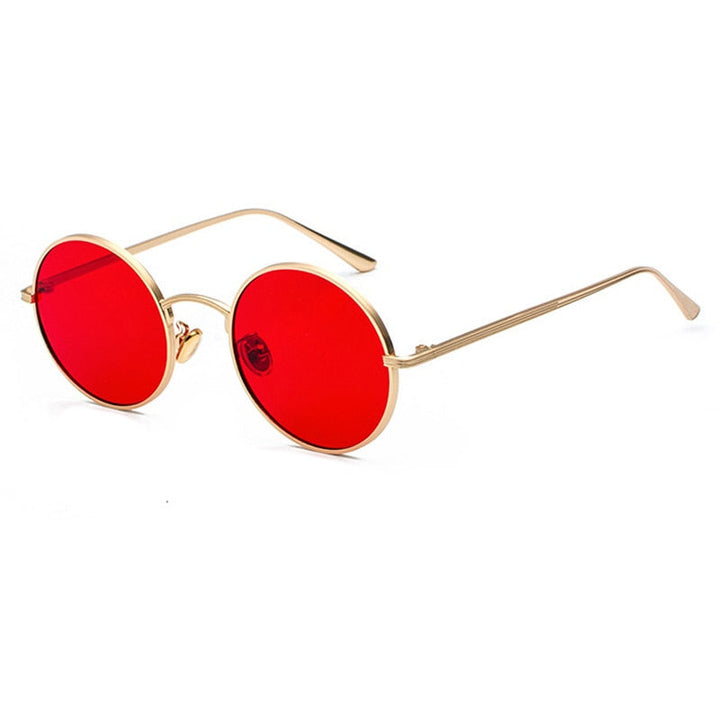Close-up van ronde heren zonnebril, vintage look, metaal, met UV400 beschermende glazen.
