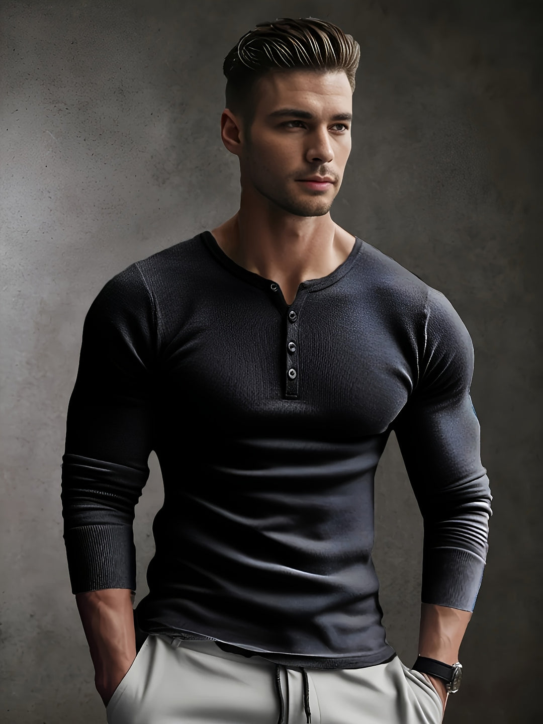 Heren shirt met lange mouwen en knoopdetail bij de hals, ideaal voor elk seizoen.