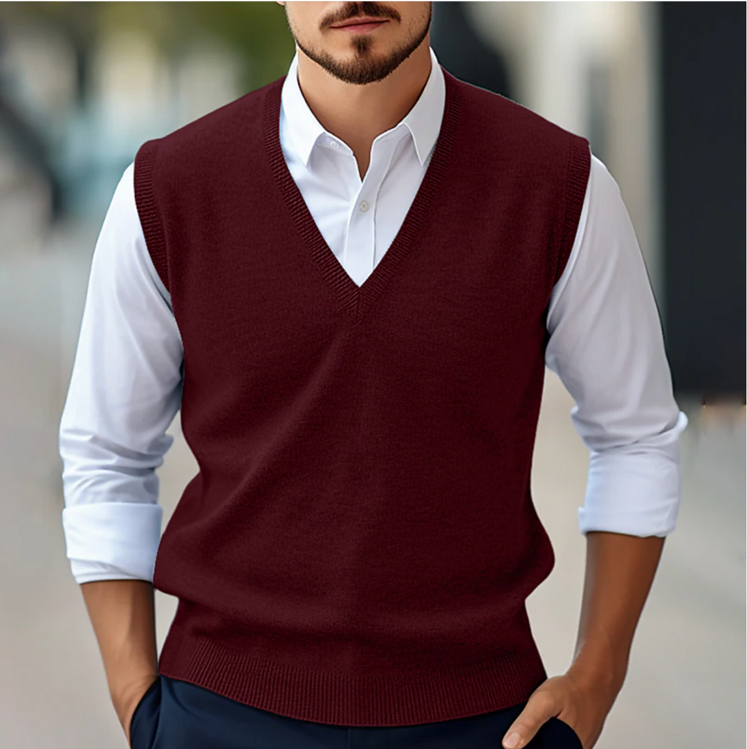 Mouwloze v-hals trui voor heren, comfortabel gebreid vest, ideaal voor lagenlook in herfst/winter.
