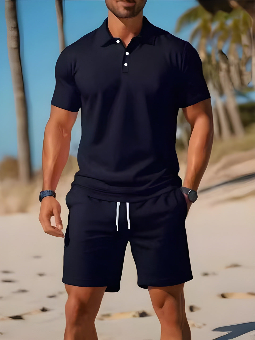 Zomerse heren set: ademend mesh T-shirt en korte broek, ideaal voor golf of strand.