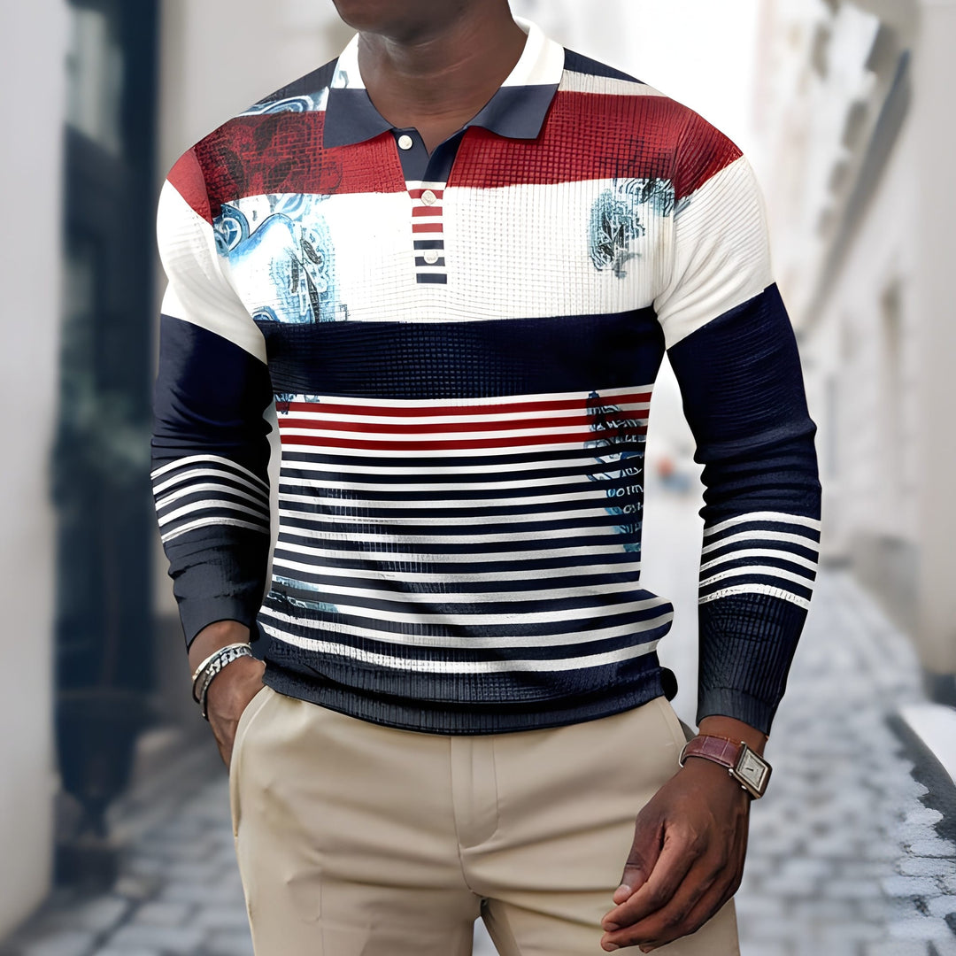 Modieus heren poloshirt met uniek patchwork design, lange mouwen voor een stijlvolle herfst look.