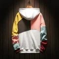 Achterkant van de heren hoodie met patchwork design in roze, grijze en gele tinten, hangend.