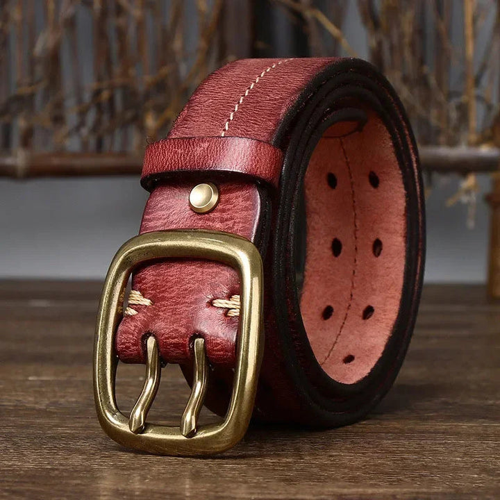 Heren leren riem van echt runderleer met stevige dubbele messing gesp, ideaal voor jeans en casual outfits.