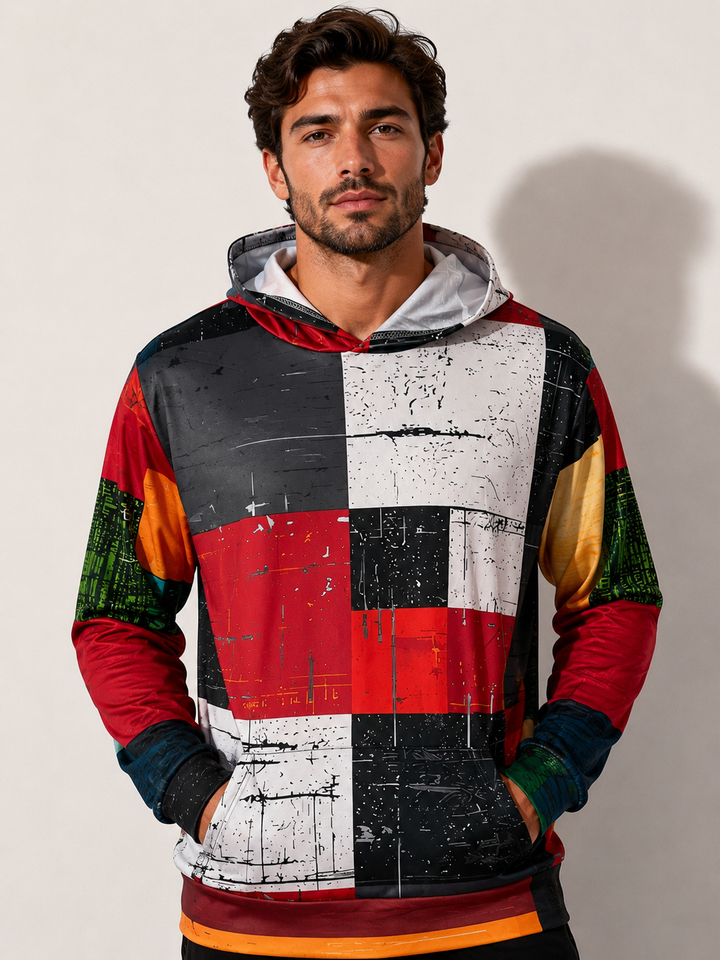 Casual heren hoodie met opvallende grafische 3D ruitprint. Geschikt voor een trendy urban streetstyle outfit.