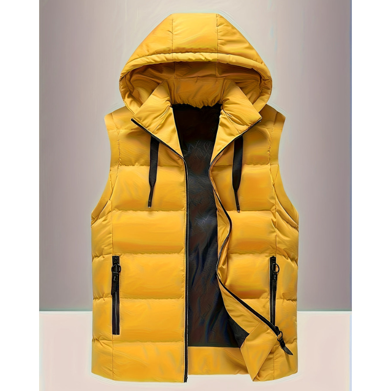 Gele heren bodywarmer met capuchon en zwarte ritsen