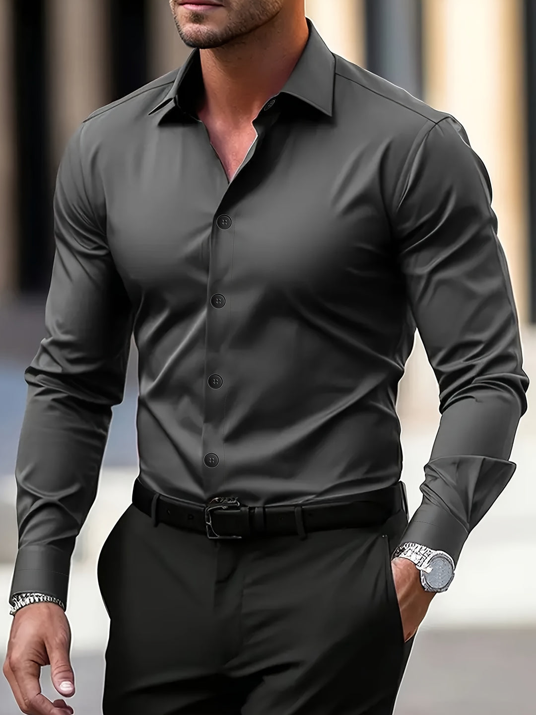 Modieus slim fit herenoverhemd, semi-doorschijnend met reverskraag, ideaal voor een zakelijke look.