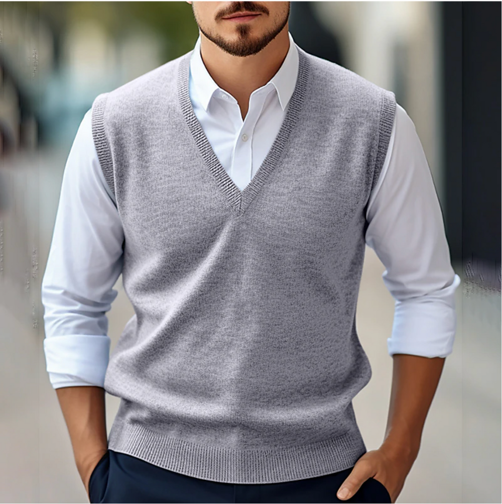 Stijlvolle heren mouwloze v-hals trui, perfect voor een smart casual look. Comfortabel en veelzijdig.