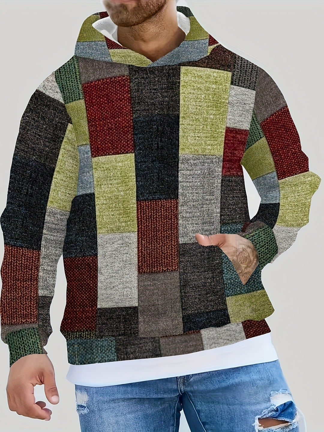 Trendy heren sweatshirt met unieke 3D ruitprint. Perfect voor een moderne streetstyle casual look.