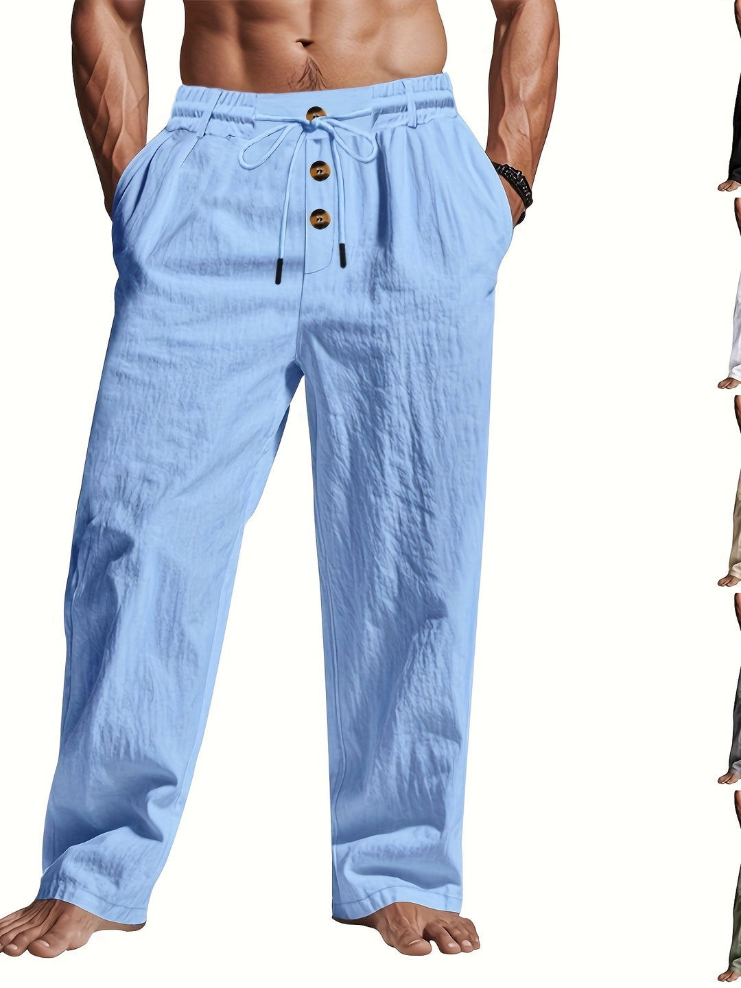 Ademende linnen zomerbroek voor heren, licht en comfortabel, met een multi-knoop sluiting.