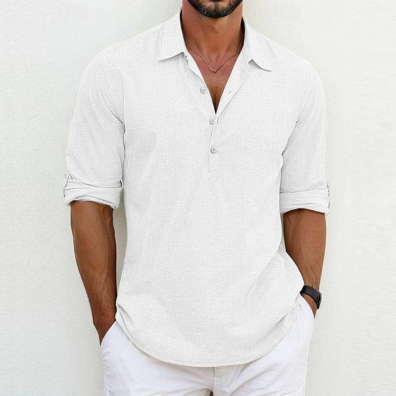 Heren poloshirt met lange mouwen, detail van de kraag en knoopsluiting, modern en casual.