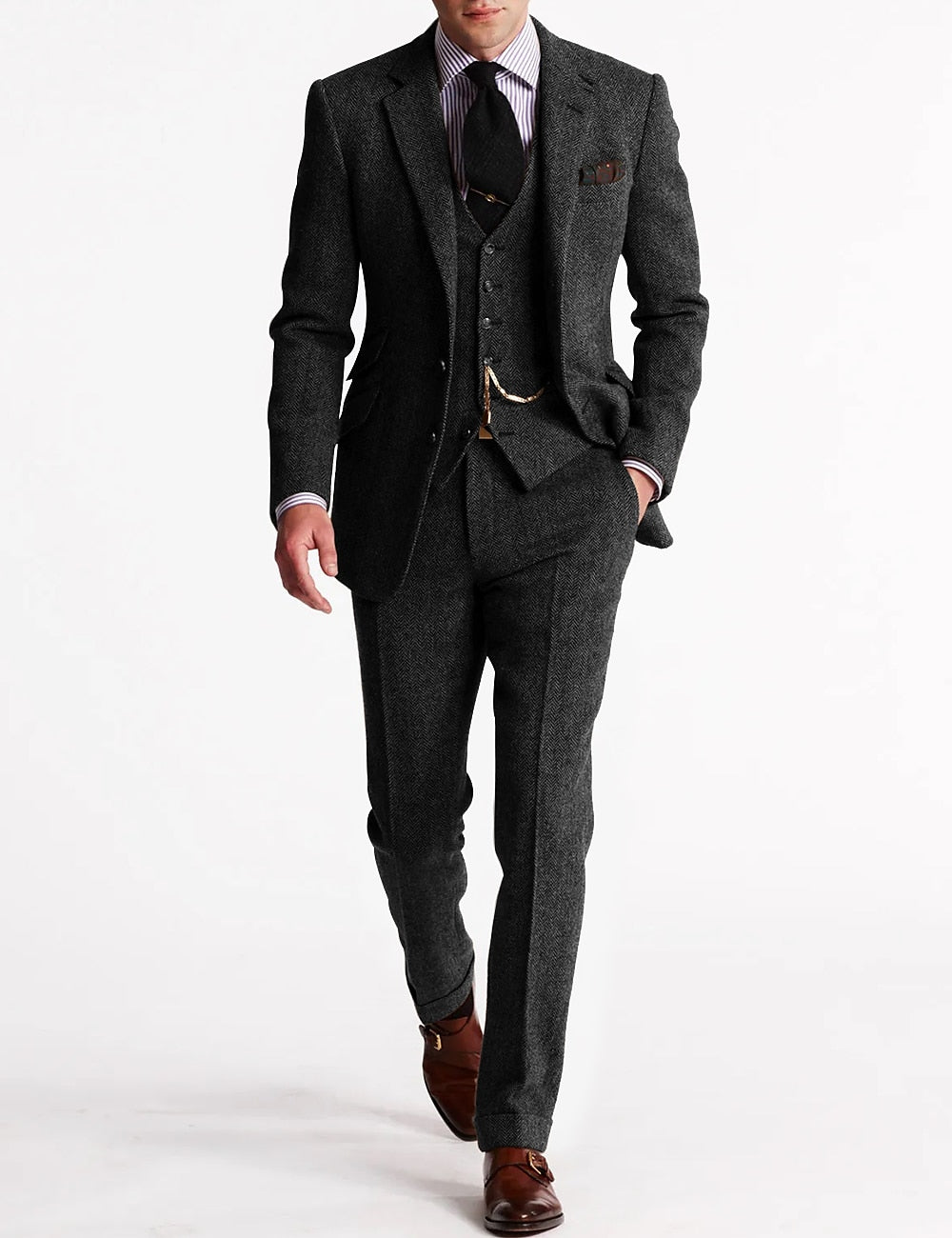 Stijlvol blauw kostuum voor heren bestaande uit colbert, vest en pantalon