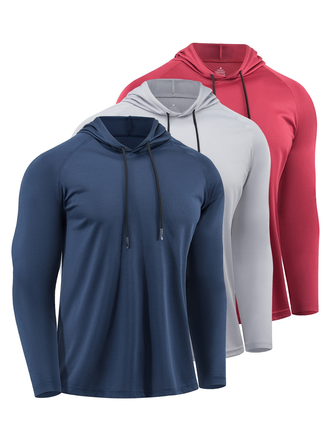 Drie heren sport hoodies in blauw, zilver en rood, perfect voor diverse activiteiten