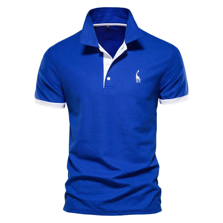 Helderblauw heren polo T-shirt met korte mouwen en witte details