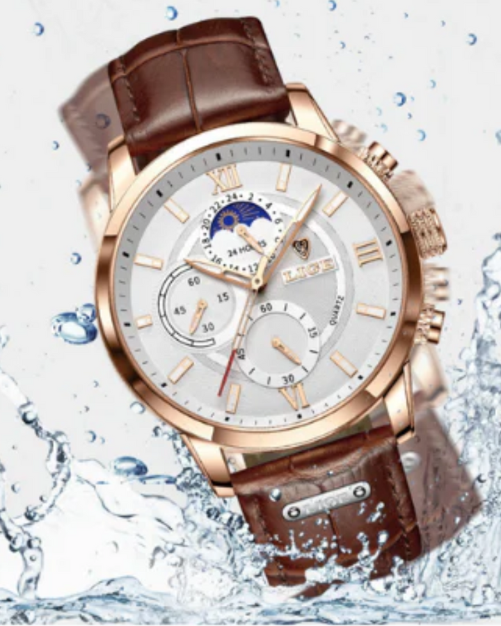 Heren horloge klassiek model detailopname wijzerplaat met datumweergave
