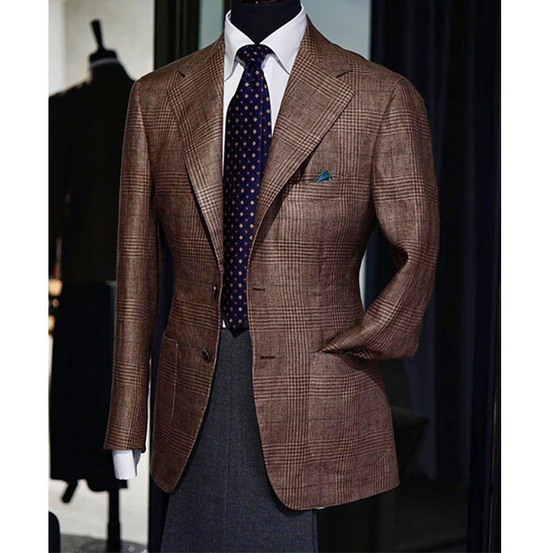 Bruine heren blazer met geruit motief en klassieke reverskraag