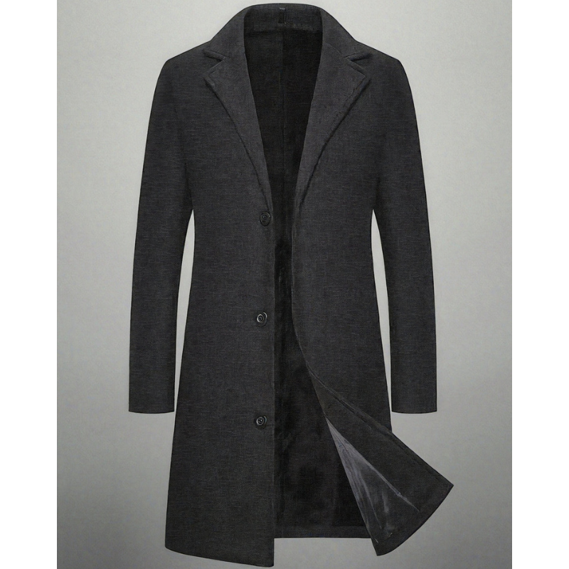 Winddichte lange heren winterjas. Stijlvolle herenmantel met klassieke knoopsluiting voor optimale warmte.