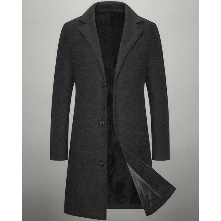 Winddichte lange heren winterjas. Stijlvolle herenmantel met klassieke knoopsluiting voor optimale warmte.