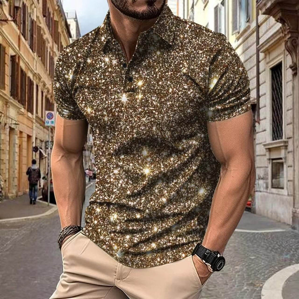 Khaki heren polo shirt met digitale sterrenprint en korte mouwen