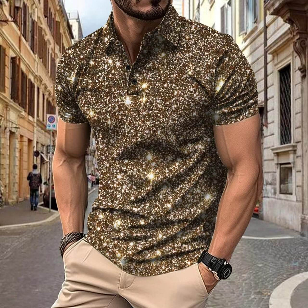 Khaki heren polo shirt met digitale sterrenprint en korte mouwen