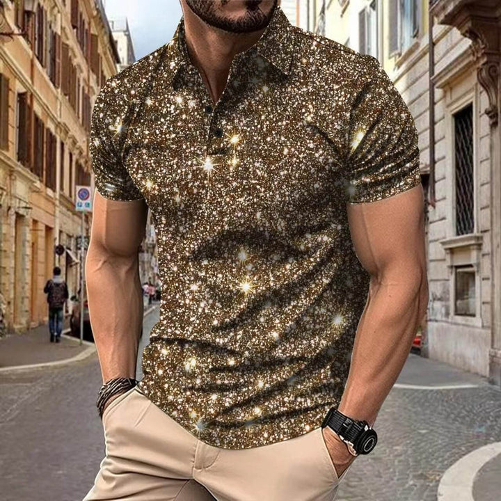 Khaki heren polo shirt met digitale sterrenprint en korte mouwen