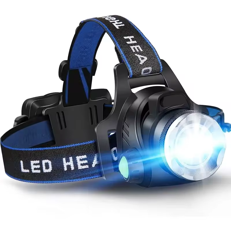 Krachtige waterdichte LED hoofdlamp met zoom en blauwe hoofdband