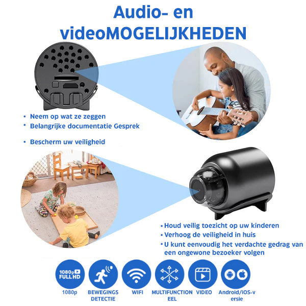 "Full HD compact onopvallende beveiligingscamera met 160° groothoeklens, wifi, nachtzicht en hoge videokwaliteit."