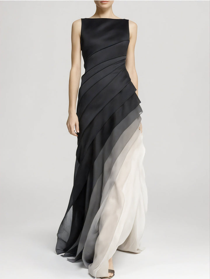 Gelaagd ombre jurk dames met vloeiende kleurovergang, elegante meerlaagse stof, ideaal voor feestelijke momenten.