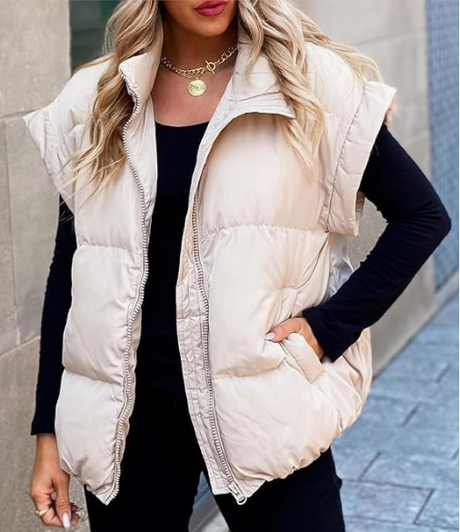 Casual damesvest zonder mouwen, beige puffer jasje met ritssluiting