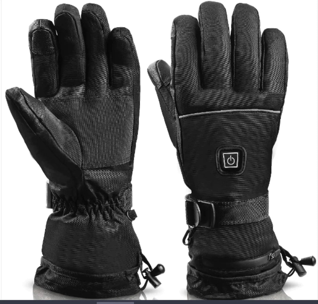 Detailed view of the palms and back of black heated ski gloves with adjustable wrist strap
