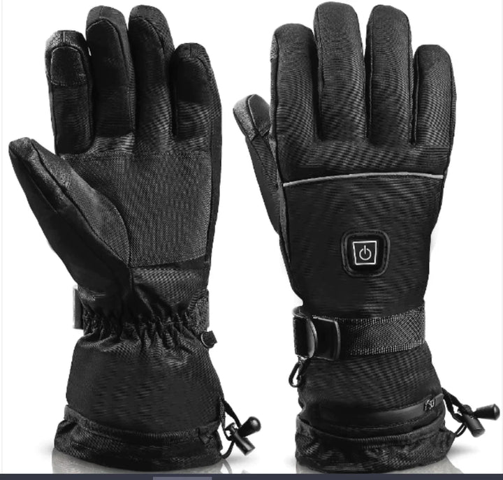 Detailed view of the palms and back of black heated ski gloves with adjustable wrist strap