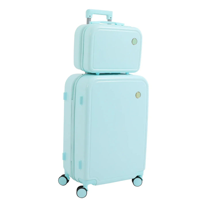 Stijlvolle groen-roze Vienna Duo hardshell bagage- en cosmeticaset. Duurzaam voor lange reizen.