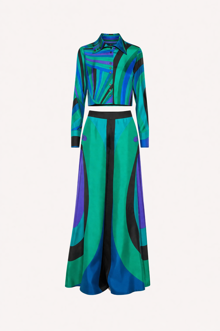 Frisse lente/zomer dames outfit set: elegante groene top en comfortabele wijde broek met stijlvolle print.