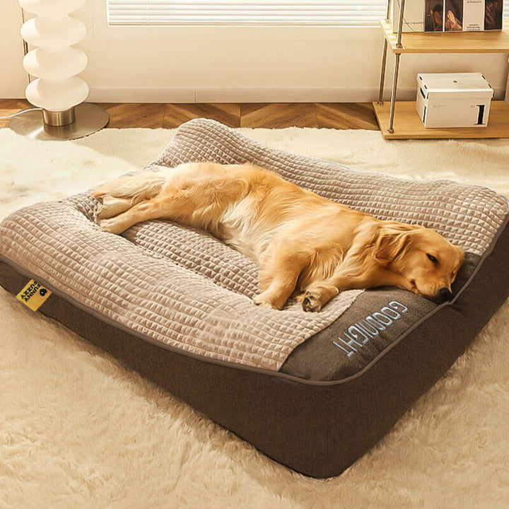 Orthopedisch hondenkussenbed voor grote honden met nekondersteuning en wasbare hoes.