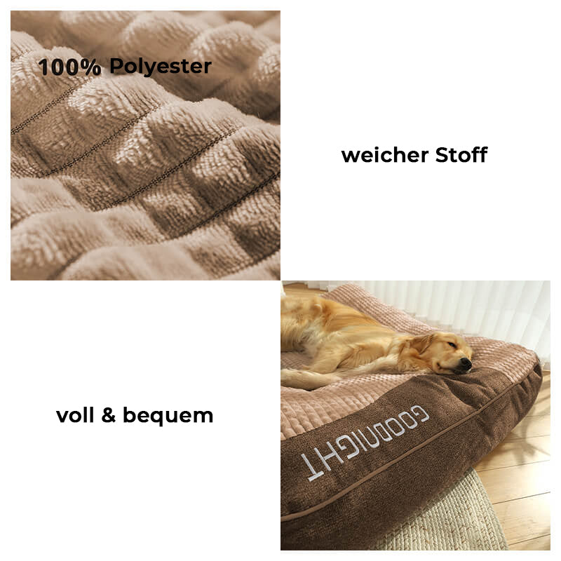 Bruin orthopedisch hondenkussenbed, krabvast en comfortabel voor grote honden, met neksteun.