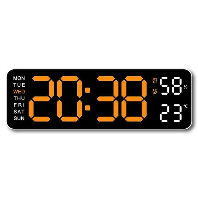 "Grote digitale wekker met multifunctioneel display, toont tijd, temperatuur en vochtigheid. USB-voeding, slank ontwerp."