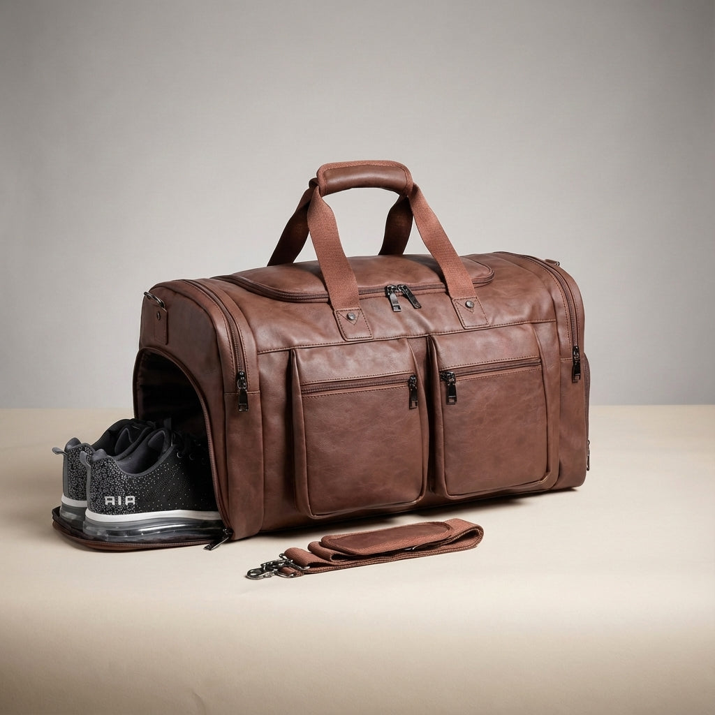 Luxe leren weekendtas Voyagely, ruime unisex duffelbag met verstelbare schouderriem voor comfortabel reizen.