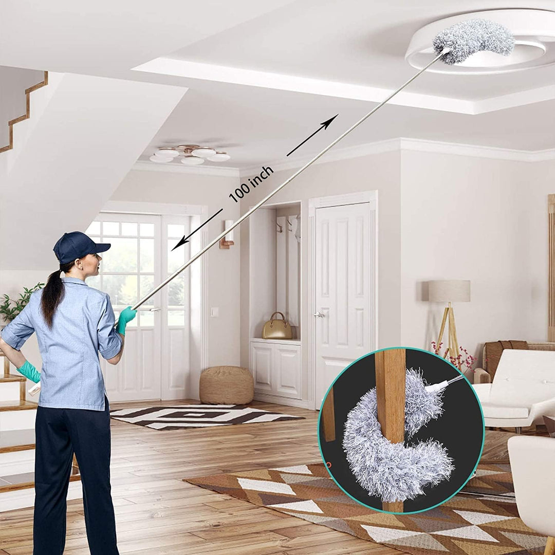 Uittrekbare schoonmaak plumeau met telescopische steel. Ergonomisch design voor hoogtes tot 5m.