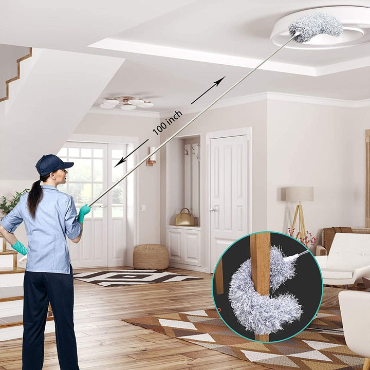 Uittrekbare schoonmaak plumeau met telescopische steel. Ergonomisch design voor hoogtes tot 5m.