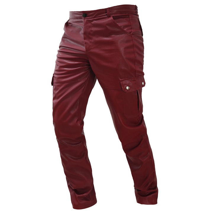 Veelzijdige heren cargo broek met leereffect, perfect voor casual en moderne outfits. Zwart, rood of koffie.