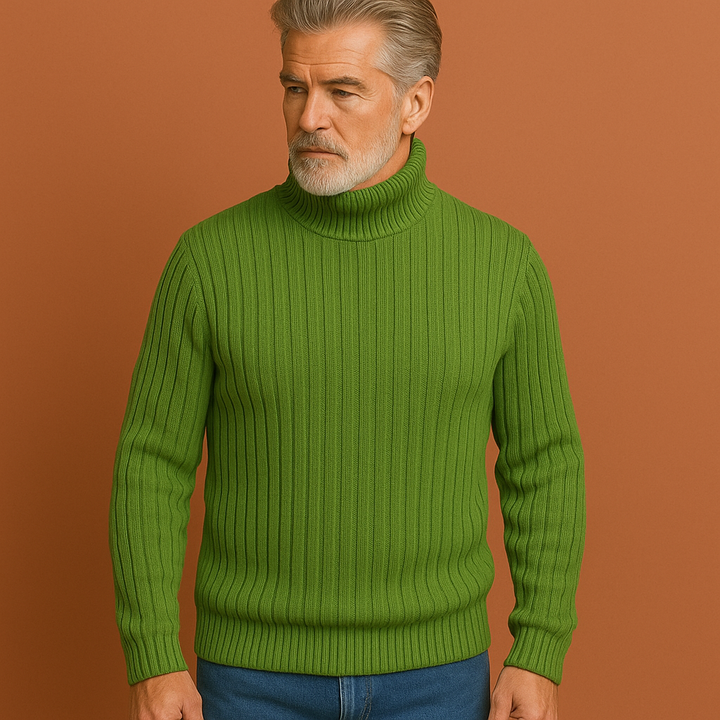 Comfortabele geribbelde heren coltrui van ademende merinoswol; een warme en moderne toevoeging aan herenkleding.