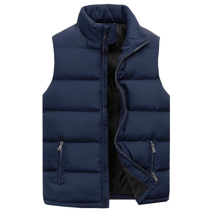 Marineblauw heren gewatteerd vest, perfect voor lagen en dagelijks comfort.