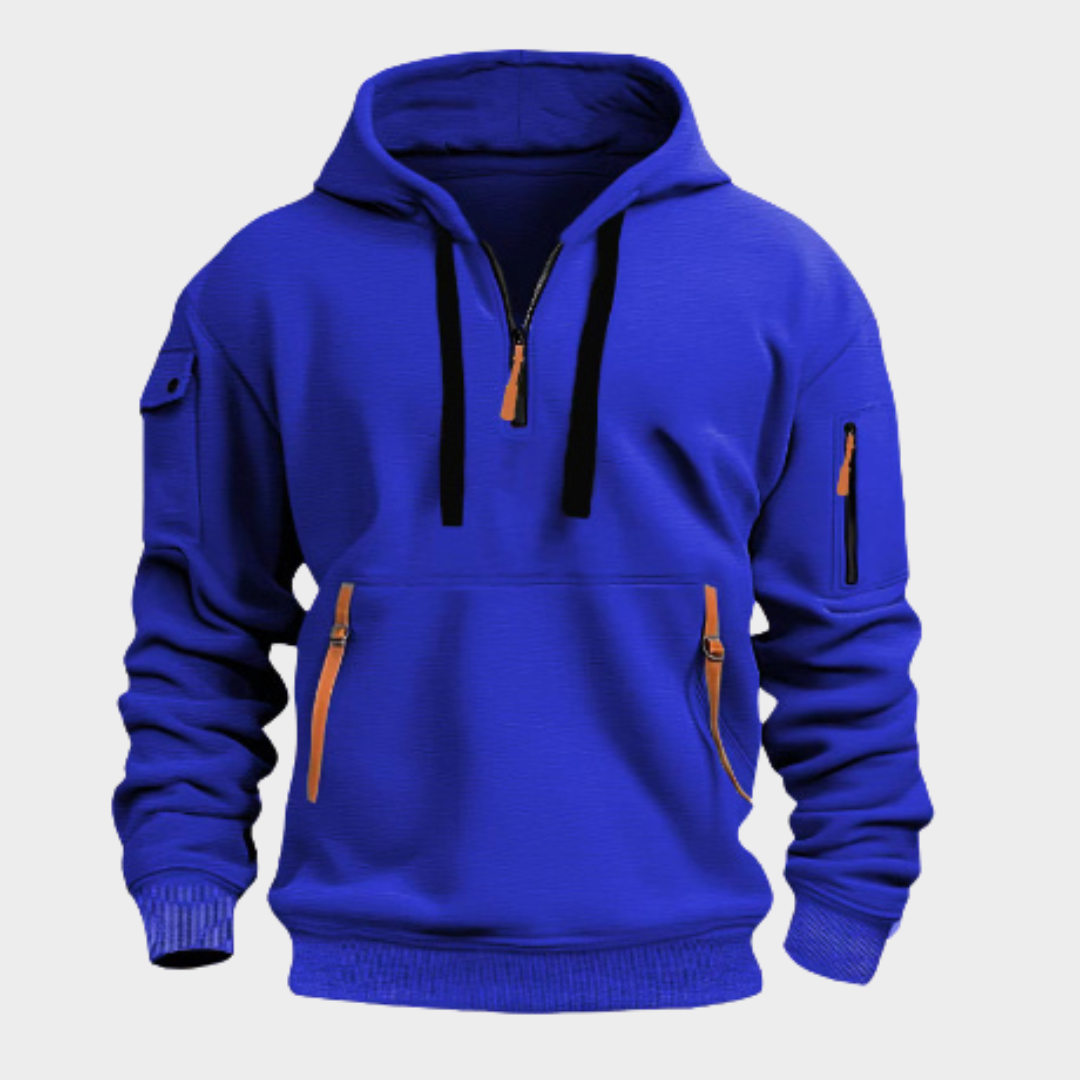 Heren hoodie, achterkant toont comfortabele pasvorm, duurzame trui voor dagelijks gebruik en sportieve activiteiten.