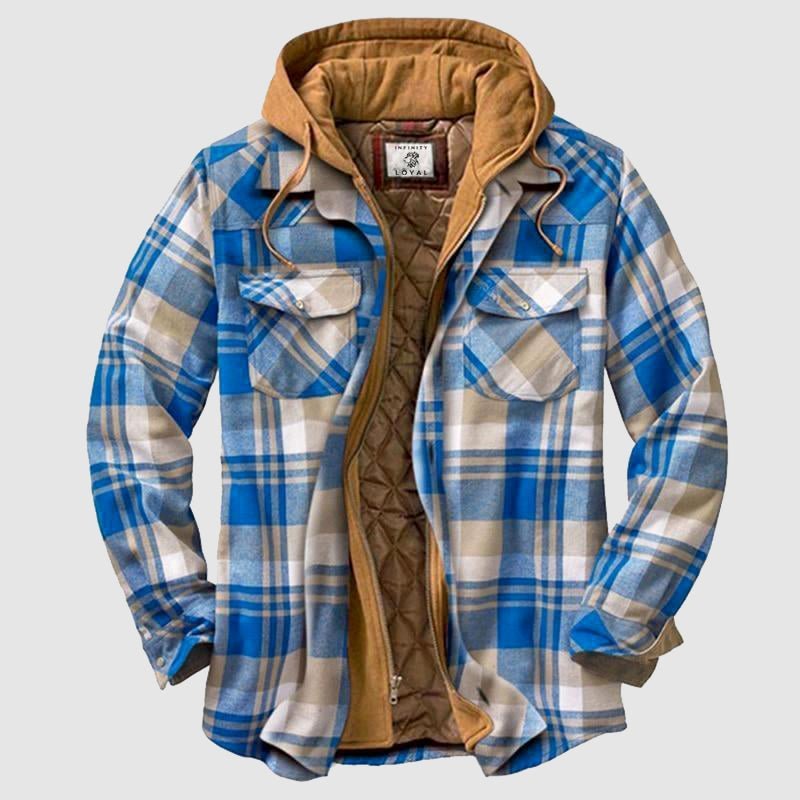 Heren houthakkersblouse met capuchon, comfortabele tussenjas in blauw geruit design, ideaal voor outdoor avonturen.