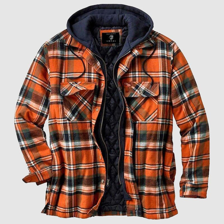 Stijlvolle heren houthakkersblouse met capuchon, warme en casual geruite tussenjas voor herfst en winter.