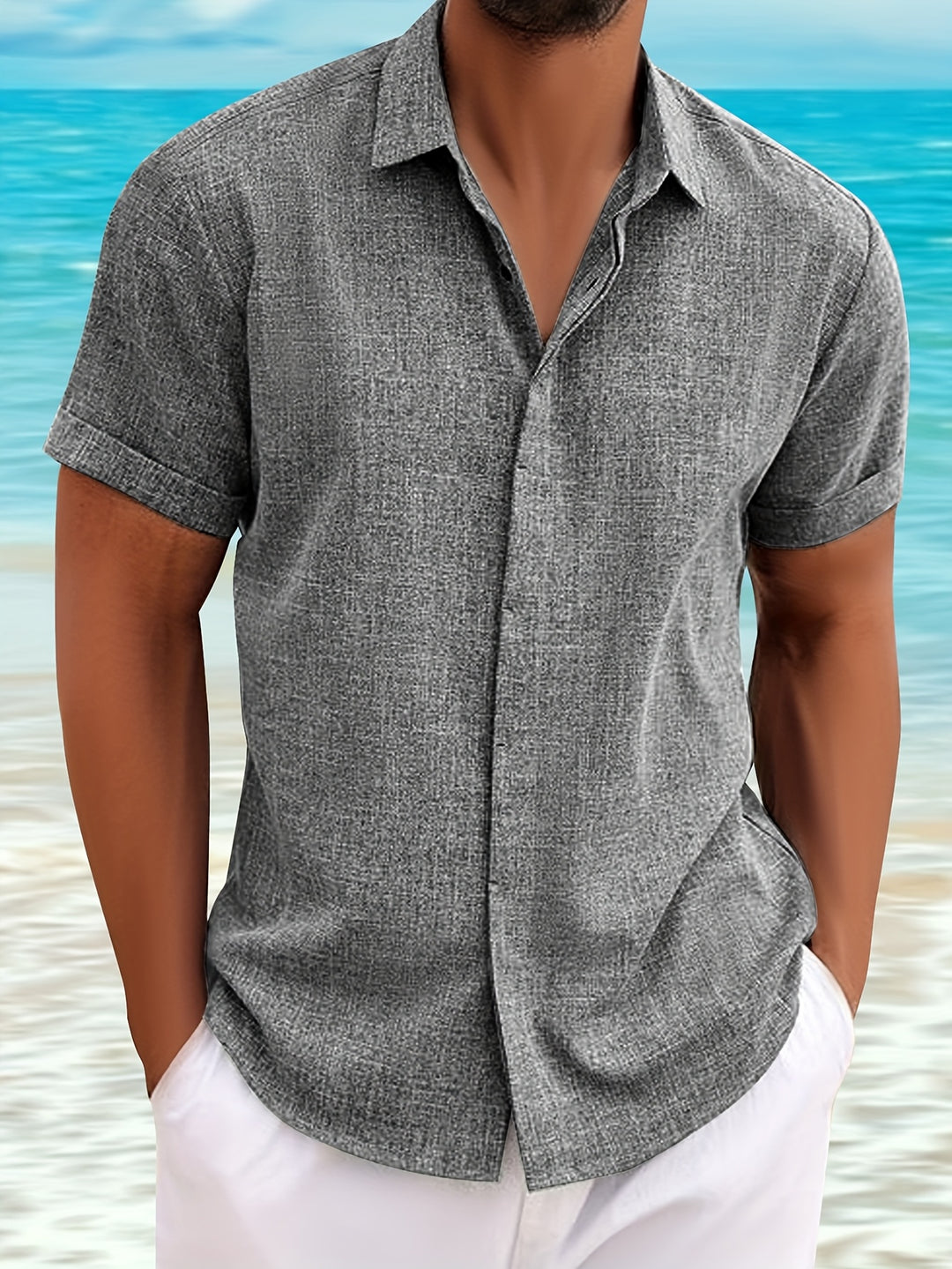 "Heren linnen overhemd, kort en lichtgewicht, zomers casual shirt met knoopsluiting en omgeslagen kraag, koele uitstraling"
