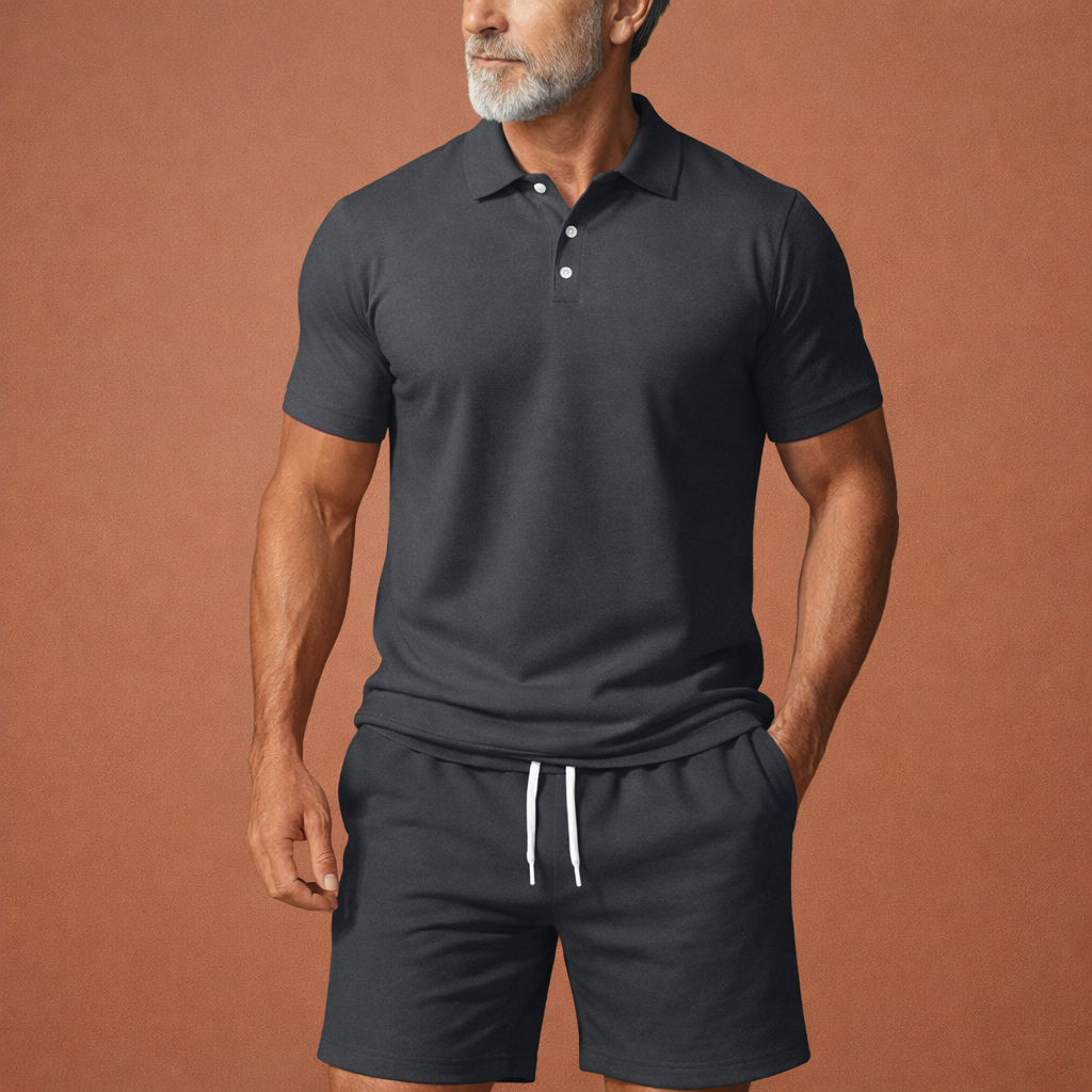 Heren casual tweedelige set: korte mouwen polo top & shorts, perfect voor zomerse strand- en vakantiedagen.