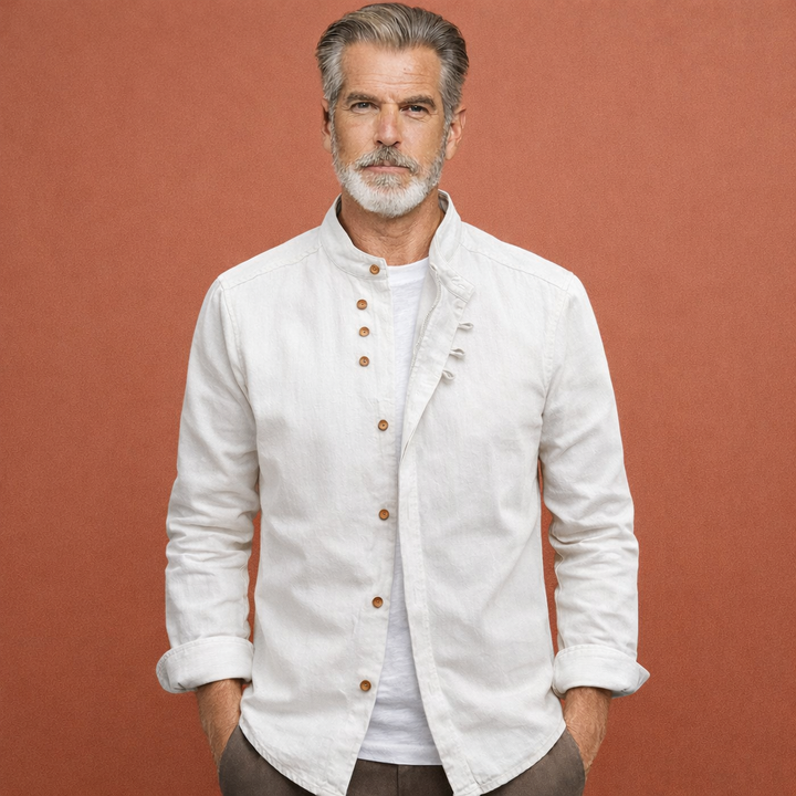Stijlvol heren overhemd Japanse stijl met hoge kraag voor een moderne casual chic look, ideaal lente/zomer/herfst.