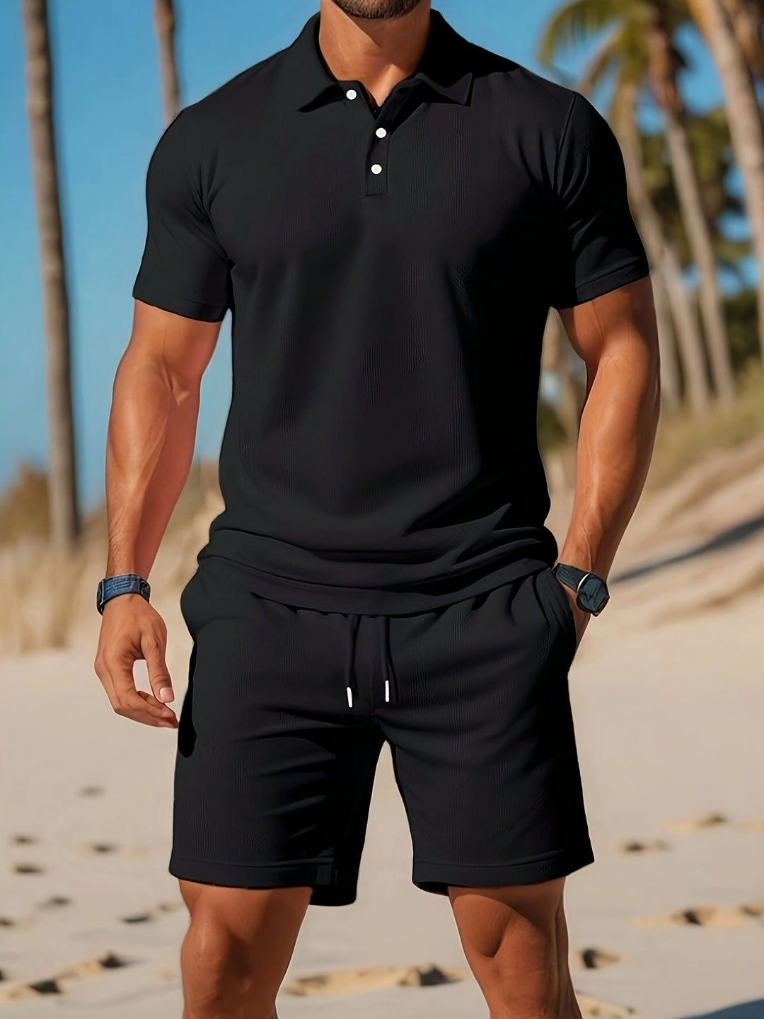 Zomerse heren kleding set: comfortabele polo en bijpassende korte broek. Ideaal voor strand of vrije tijd.